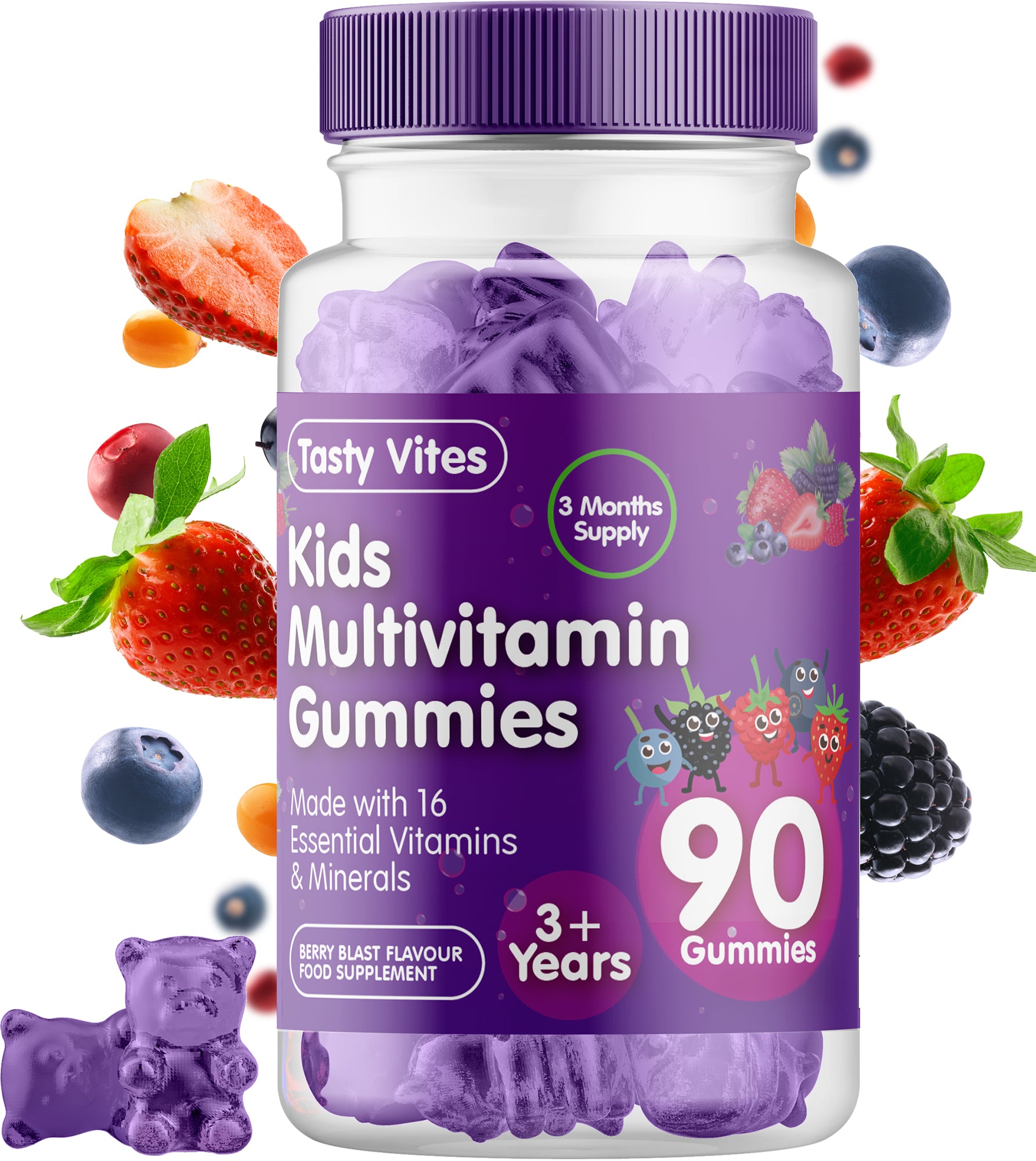 Kids Multivitamin Gummies - Berry Blast Flavour - With Vitamin A, C, D3, B6, B12, E, K, Biotin, Zinc & more