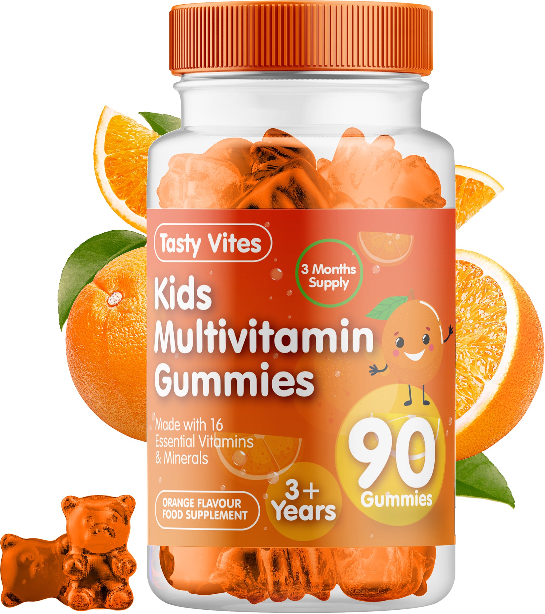 Kids Multivitamin Gummies - Orange Flavour - With Vitamin A, C, D3, B6, B12, E, K, Biotin, Zinc & more