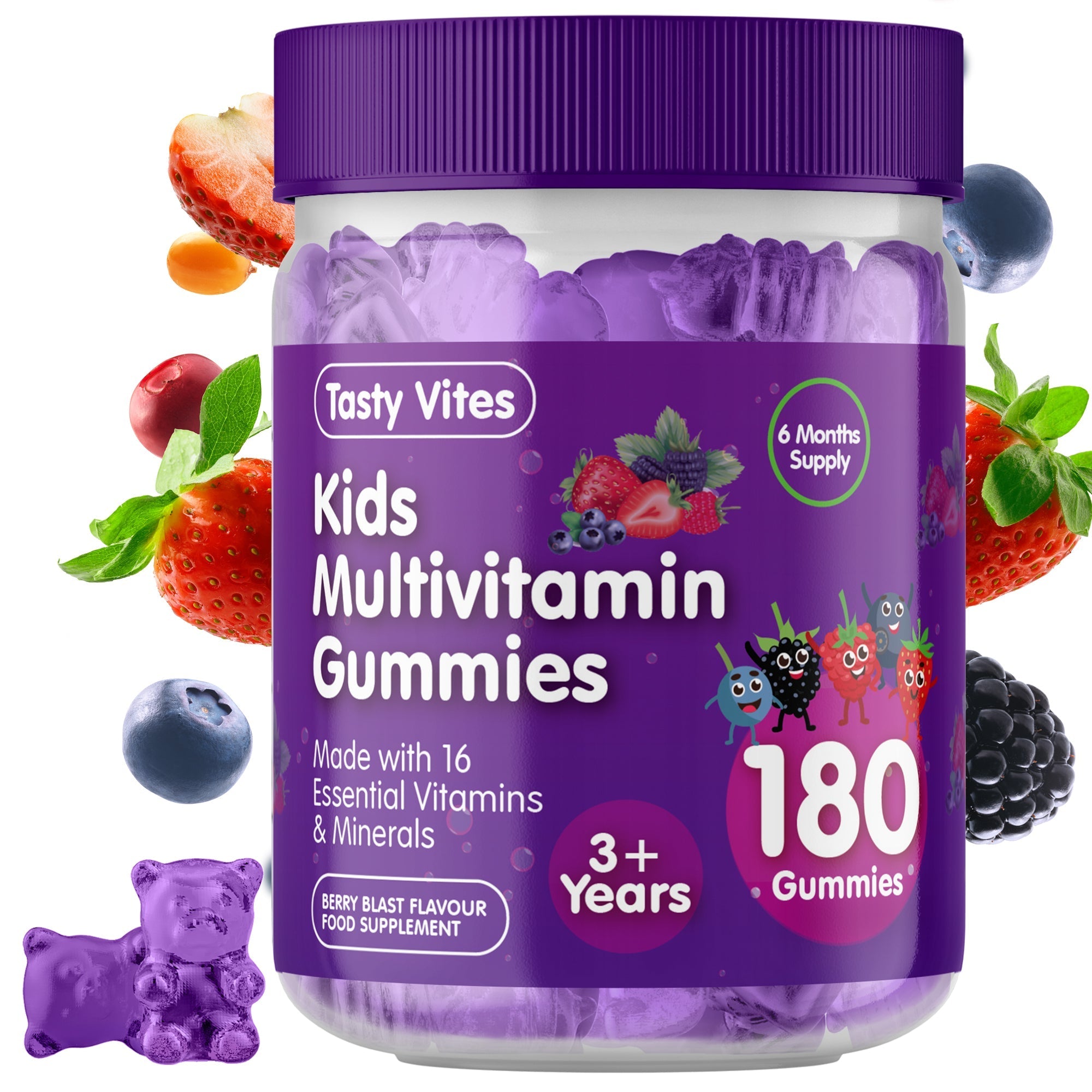 Kids Multivitamin Gummies - 180 Gummies - Berry Blast Flavour - With Vitamin A, C, D3, B6, B12, E, K, Biotin, Zinc & more