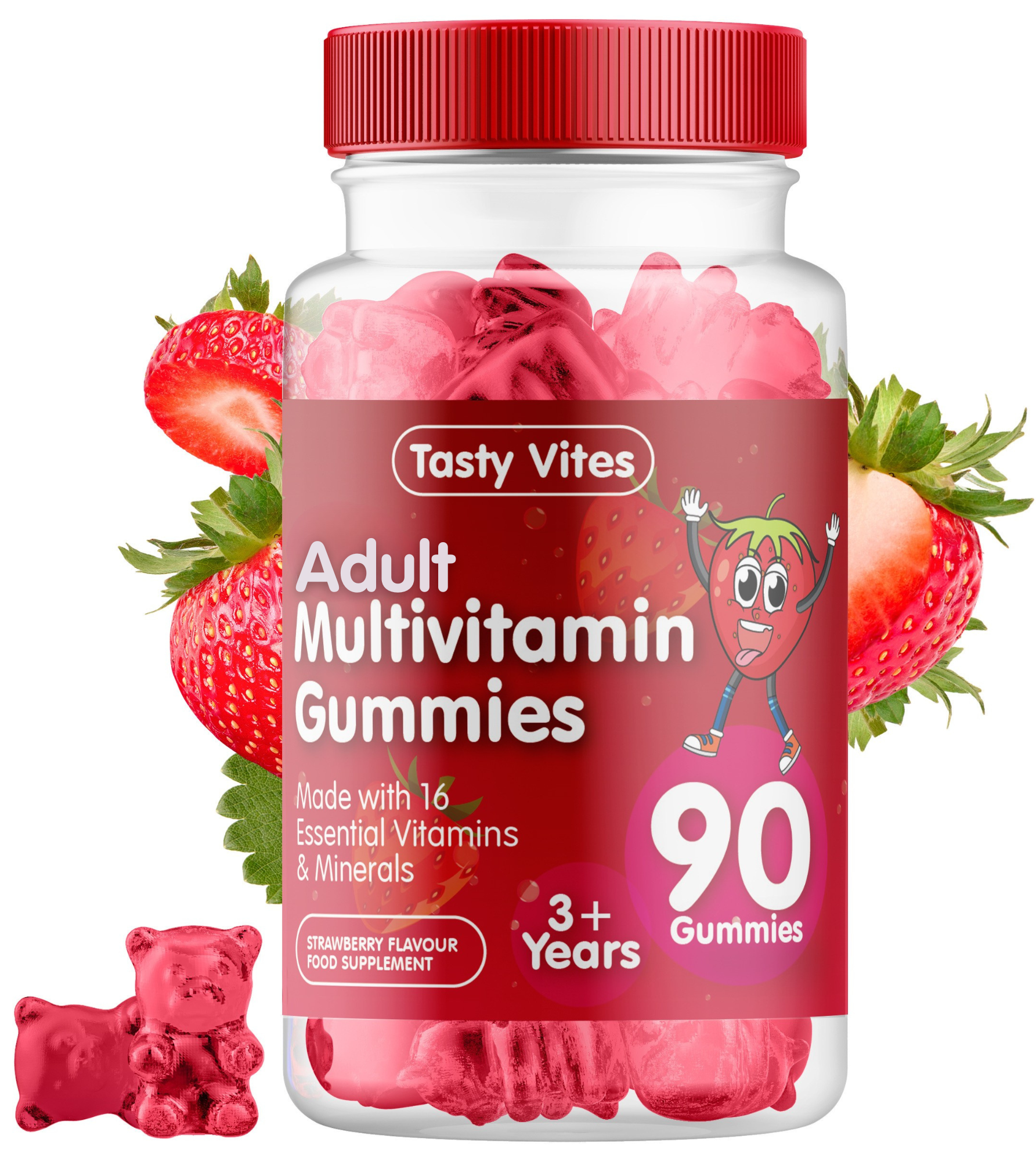 Adult Multivitamin Gummies - Strawberry Flavour - For Men & Women With Vitamin A, C, D3, B6, B12, E, K, Biotin, Zinc & more (Copy)