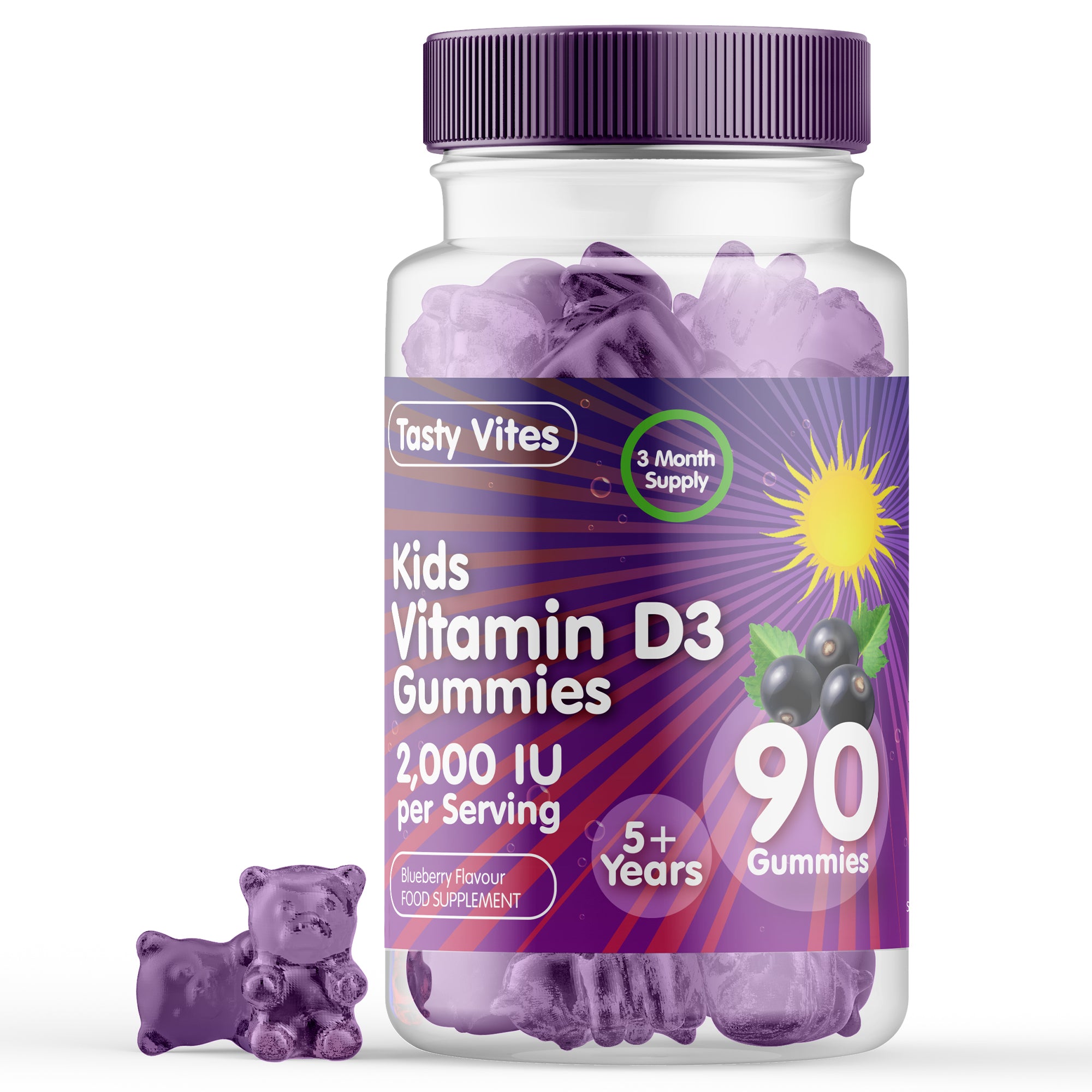Vitamin D 90 Kids Gummies 2000IU, Immune Support Teeth Bones - Blueberry