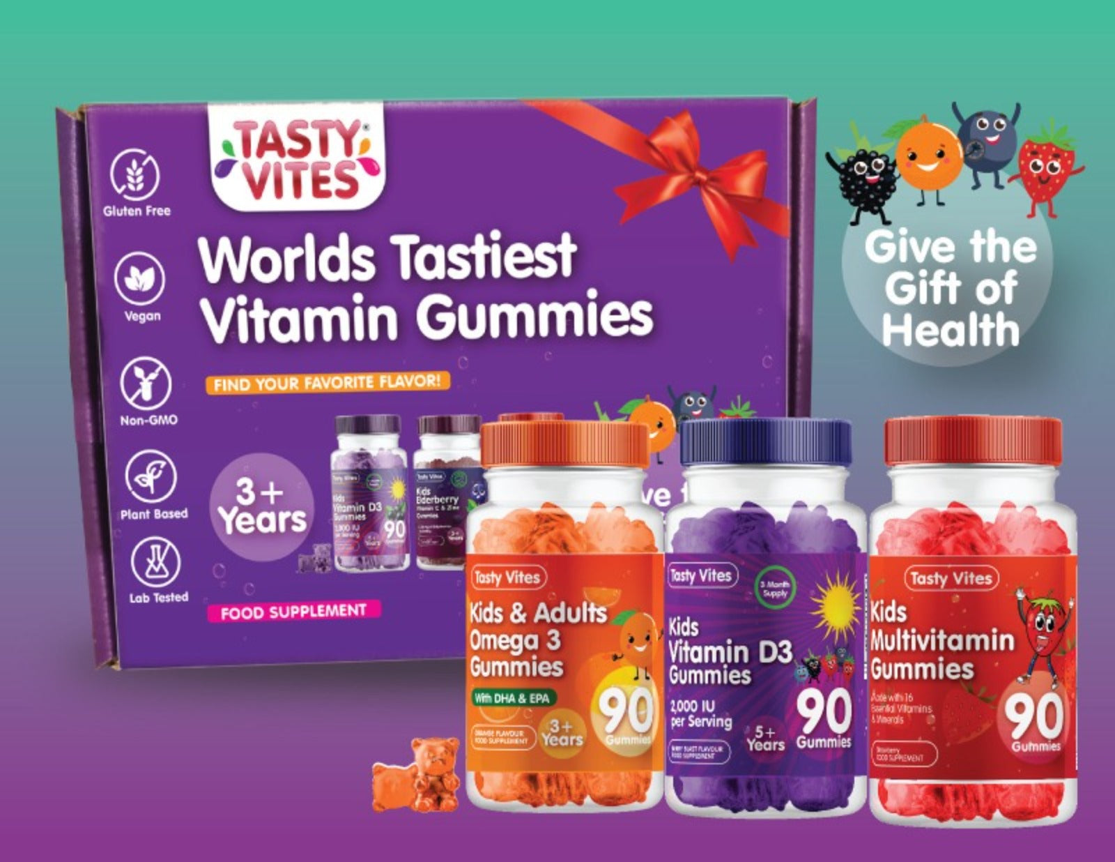 Kids Vitamin Gift Hamper - Multivitamin, Omega 3 & Vitamin D Gummies Christmas