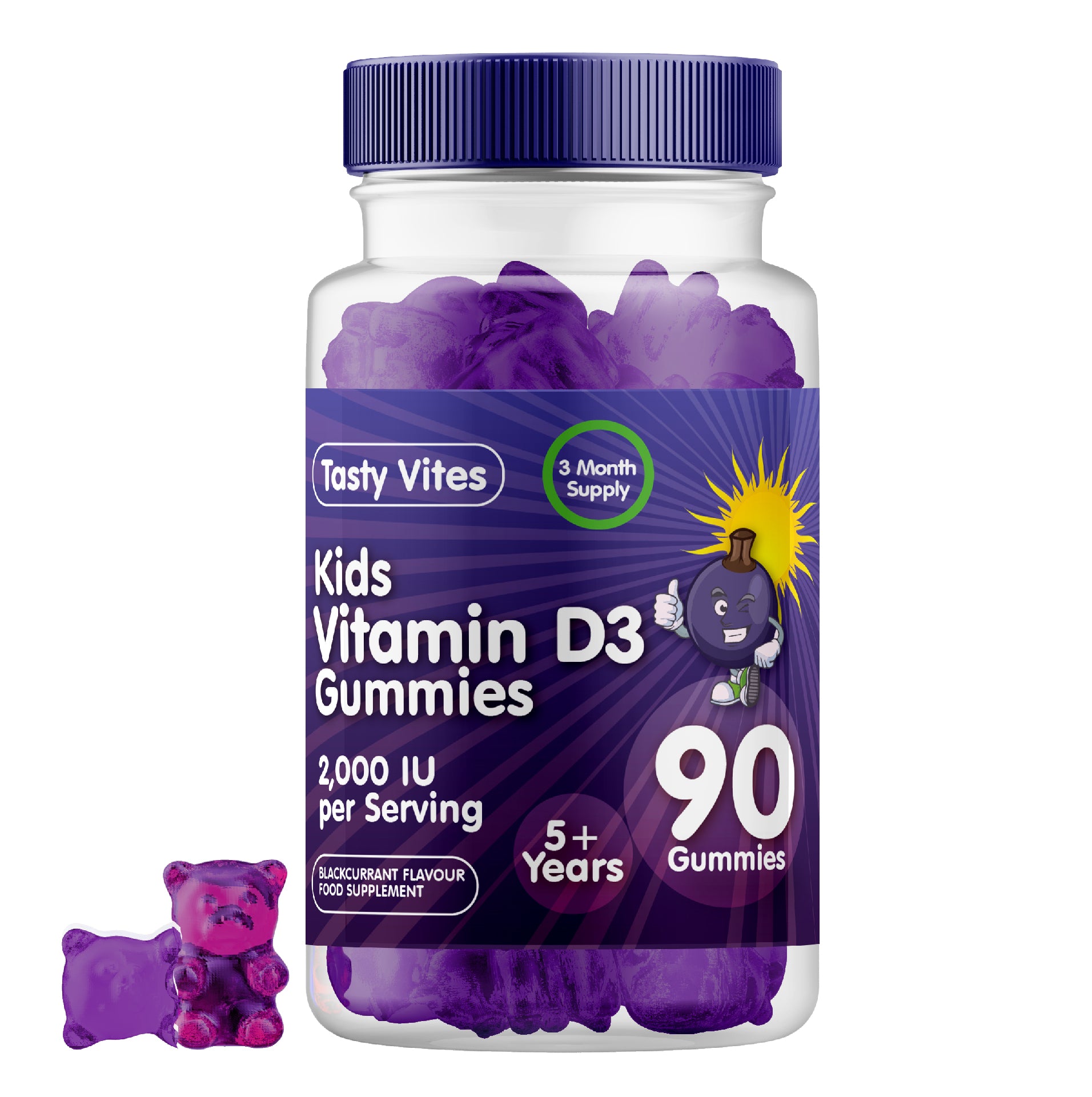 Vitamin D 90 Kids Gummies 2000IU, Immune Support Teeth Bones - Blackcurrant