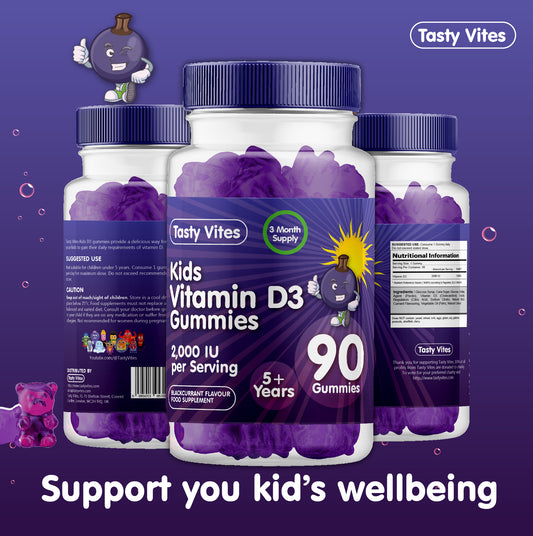 Vitamin D 90 Kids Gummies 2000IU, Immune Support Teeth Bones - Blackcurrant
