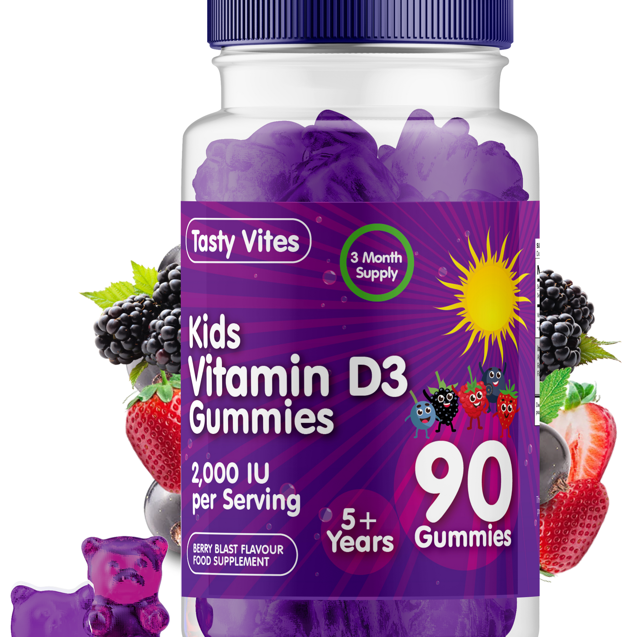 Vitamin D 90 Kids Gummies 2000IU, Immune Support Teeth Bones - Berry Blast