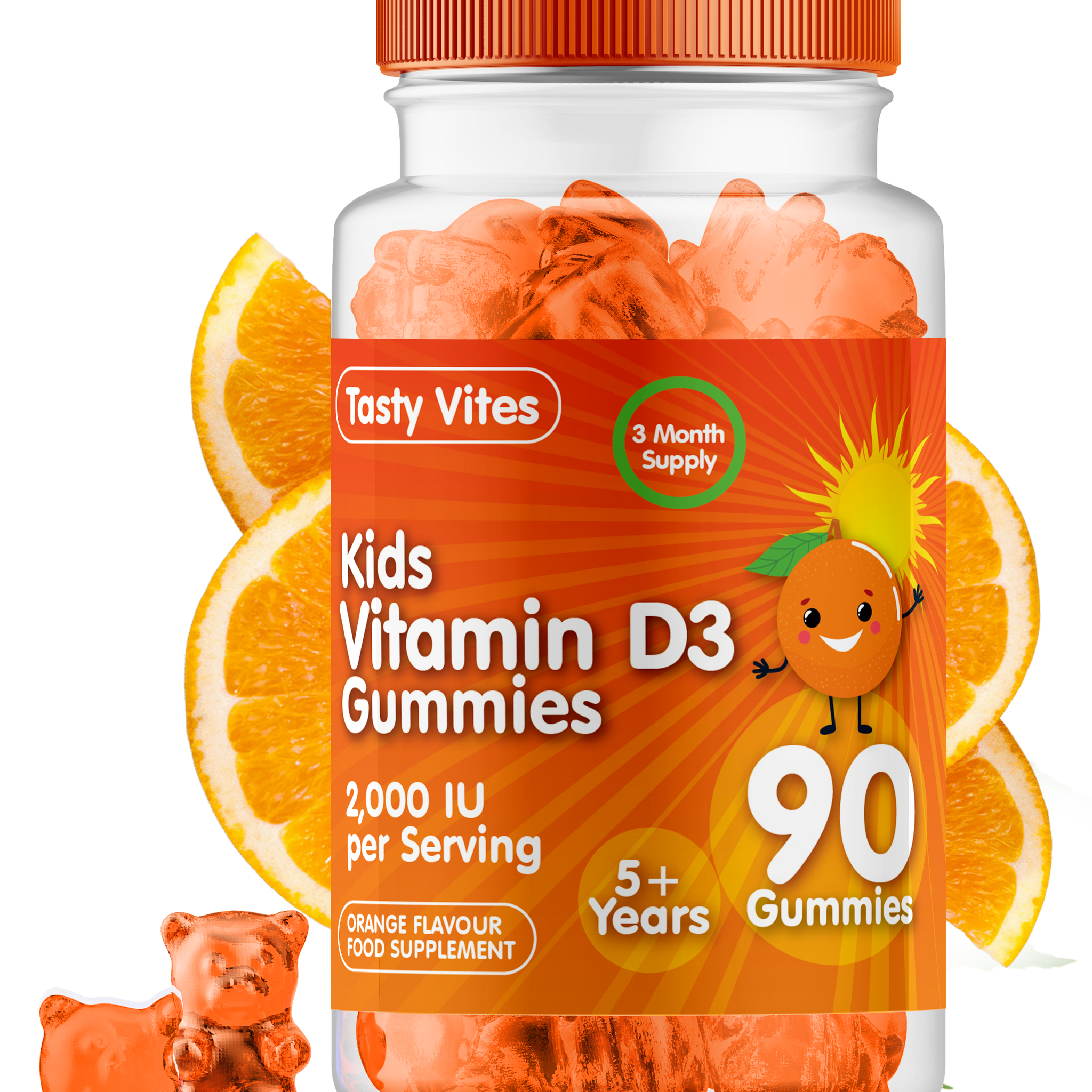 Vitamin D 90 Kids Gummies 2000IU, Immune Support Teeth Bones - Orange