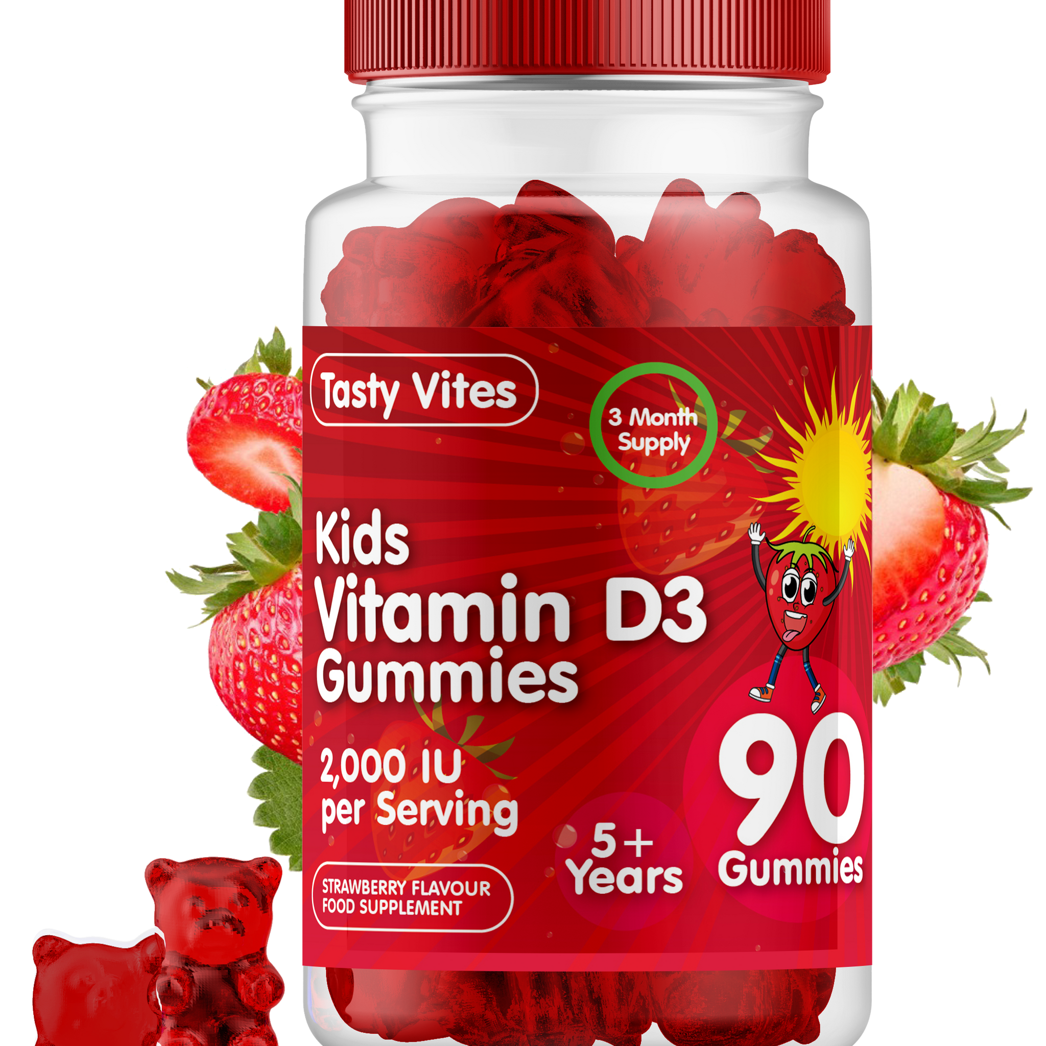 Vitamin D 90 Kids Gummies 2000IU, Immune Support Teeth Bones - Strawberry