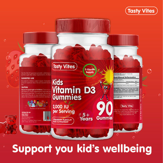 Vitamin D 90 Kids Gummies 2000IU, Immune Support Teeth Bones - Strawberry