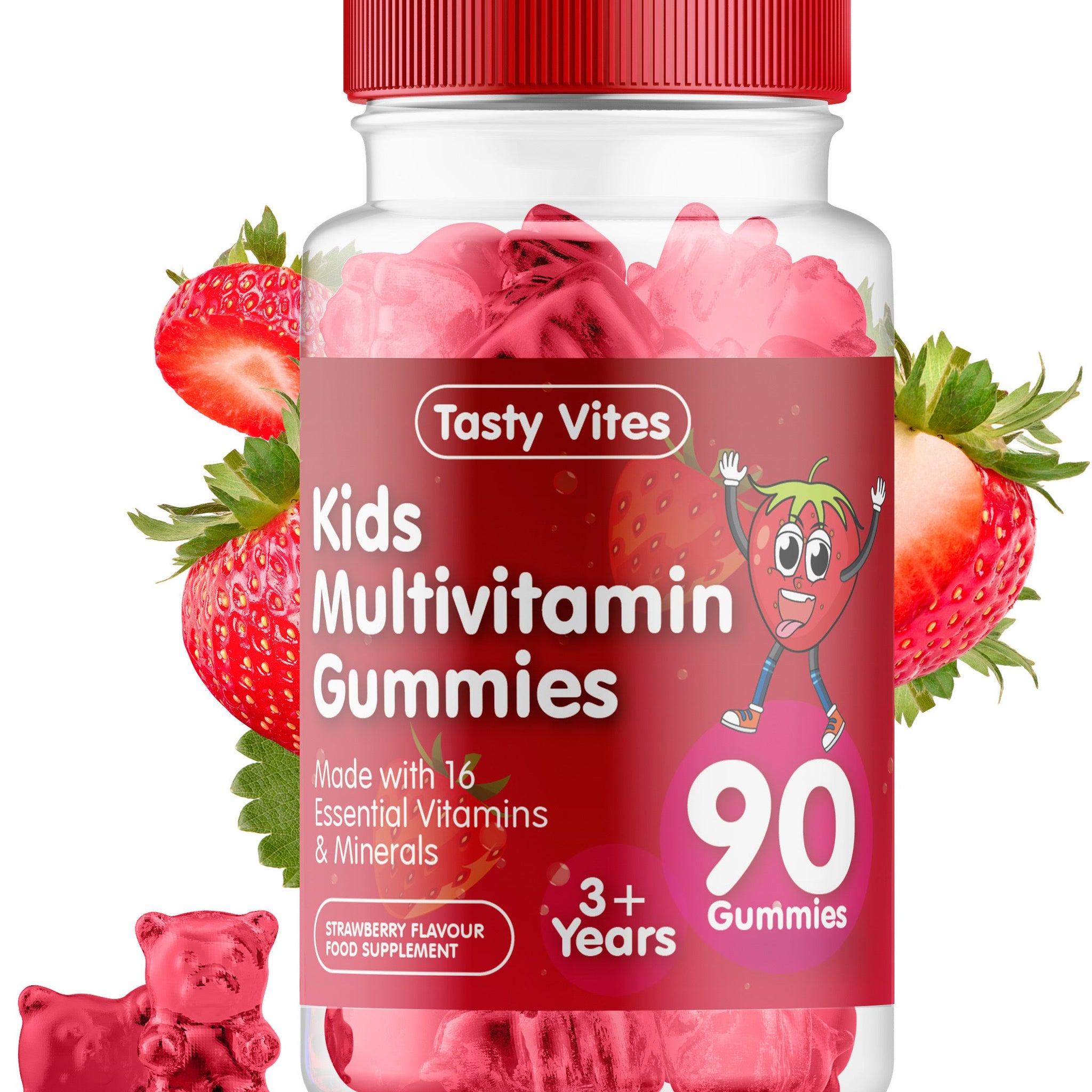 Kids Multivitamin Gummies - Strawberry Flavour - With Vitamin A, C, D3, B6, B12, E, K, Biotin, Zinc & more